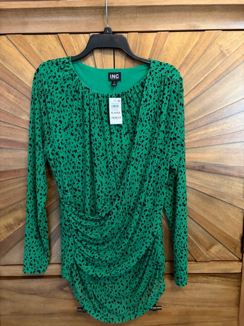 INC Green/Black Animal Print Draped scoop Neck Blouse